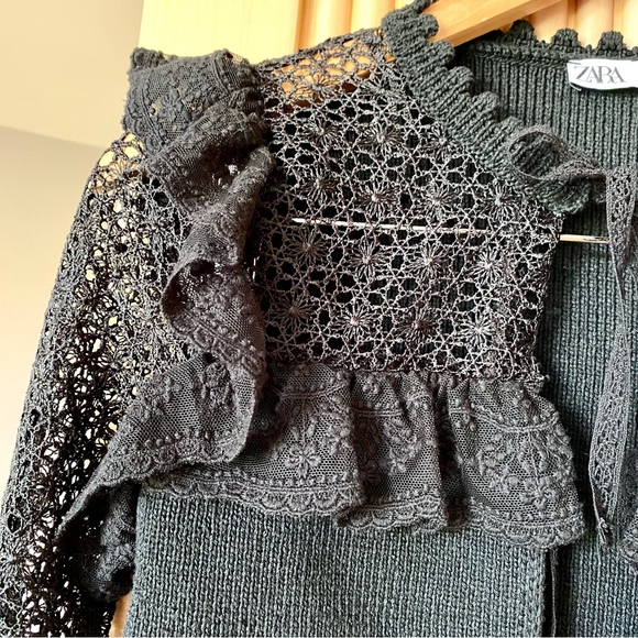 Zara tie front ruffled combination cardigan black - Picture 5 of 10